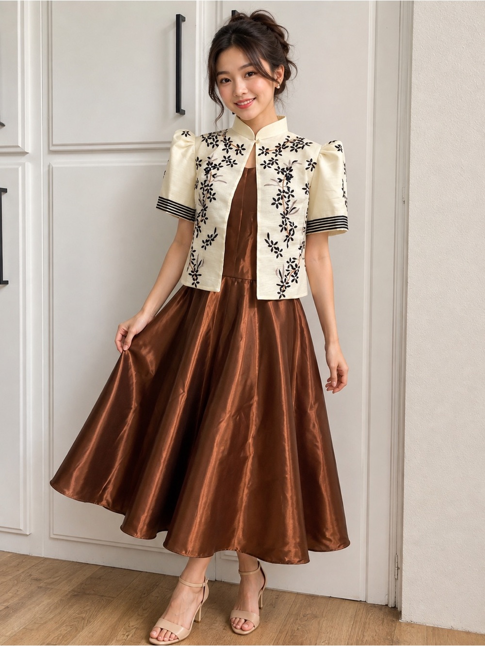 Elegant Filipiniana Set with Bolero Flower Embroidery w/ Brown Satin Midi Dress